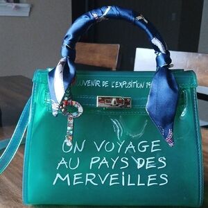 Designer Green Transparent Tote Bag with Scarf Handle